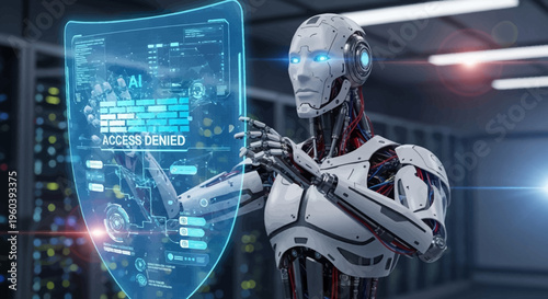 AI Robot Defends Digital Security Shield with Access Denied Message