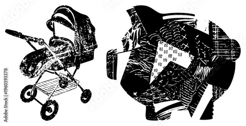 Black and white vector illustration of a baby stroller with textured grunge effect and abstract human form with overlay, isolated graphic elements, artistic design.