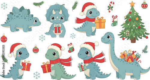 Cute Christmas Dinosaur Characters Vector Set with Santa Hats, Scarves, Gift Boxes, Holiday Tree, Candy Cane, and Festive Winter Cartoon Dinosaurs
