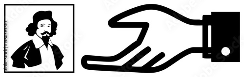 Classic Shakespeare bust with curly wig and mustache, paired with minimalist hand gripping lightbulb symbol, vector graphic.