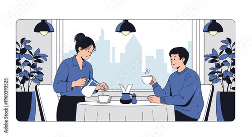 Relaxing cafe scene features a waitress pouring a fresh beverage for a customer in a cozy setting with an urban window view.
