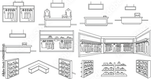 Minimalist clothing retail store interior line art vector illustration set with shop counters garment racks shelves and apparel displays for fashion boutique architectural floor plan design