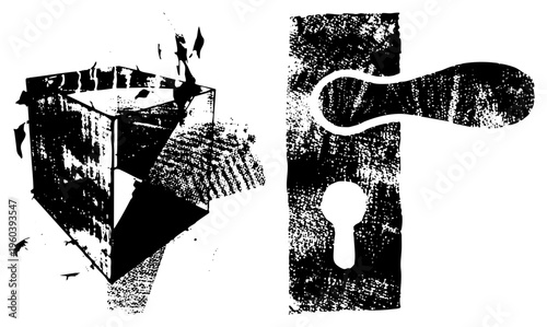 Broken cube fragment and vintage door handle rendered in gritty halftone, vector art, isolated graphic, stark contrast, urban stencil style, black and white design.