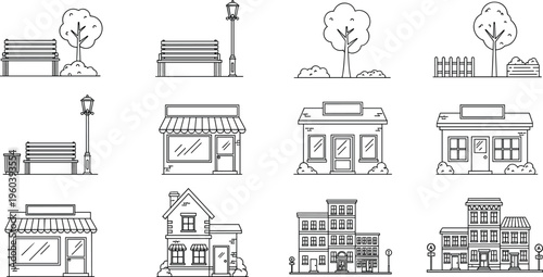 Small business storefronts and city park elements line art vector set with shops houses benches trees and urban buildings