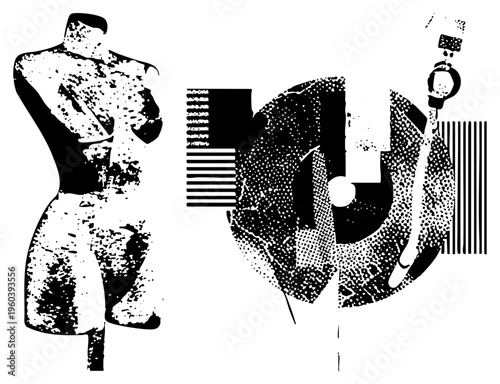 Black and white halftone graphic of stylized mannequin and barcode elements, vector art, glitch aesthetic, fashion tech fusion, digital print style.