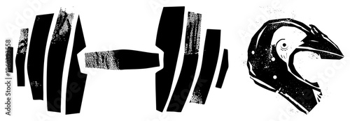 Abstract halftone barbell and helmet, vector art, sport equipment, fitness gear, gritty texture, design, isolated assets.
