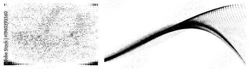 Dynamic curved motion graphic created with halftone dot gradients, vector art, digital illustration, abstract wave, modern design element, isolated.