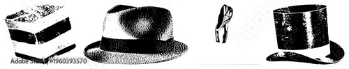 Classic fedora, top hat, ballet slipper, and cake rendered in halftone dot, retro fashion, stylized silhouette, graphic design.