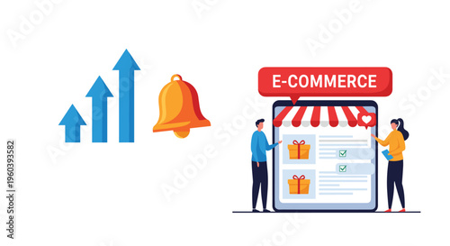 E-commerce growth and notification alerts are illustrated with rising statistical arrows, a bell icon, and a digital storefront with shoppers.