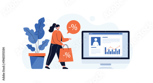 Personalized retail marketing and data analysis are depicted with a shopper passing a monitor showing customer profiles and discount offers.