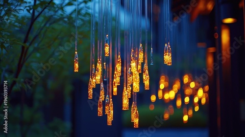 Illuminated glass pendants hang suspended in the evening air near soft greenery.