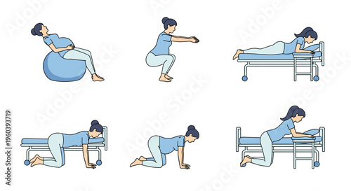 Various prenatal exercises and positions for comfort during pregnancy are demonstrated in a series of informative healthcare illustrations.