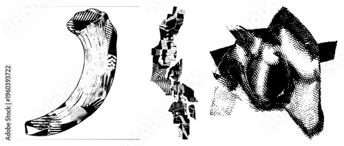 Antique bone harp with detailed engravings, stylized curves, tribal motifs, vector illustration, black and white halftone design.