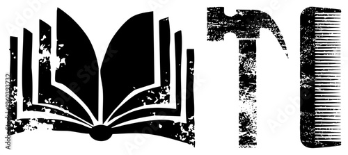 Grunge style vector featuring an open book, hammer, and comb, ideal for creative, educational, or repair contexts. Stylized symbols with distressed texture for design projects.