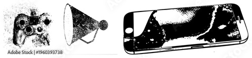 Retro gaming controller, loudspeaker megaphone, cracked smartphone screen, halftone vector art, digital and analog tech, isolated symbols.