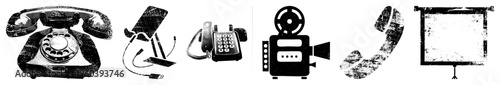 Retro rotary telephone, USB connected smartphone, analog camcorder, curved phone receiver, blank projector screen tech evolution, vector set.