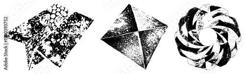 Three stylized abstract forms rendered in halftone with grunge texture fractured plane, angular, and spiraling vortex ideal for graphic design, print, or digital art projects.