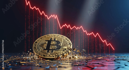 Bitcoin Crash: Falling Graph and Shattered Cryptocurrency Coin Symbolizing Financial Loss
