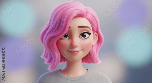 3D Animated Girl with Pink Hair, Blue Eyes, and Friendly Smile - Digital Art