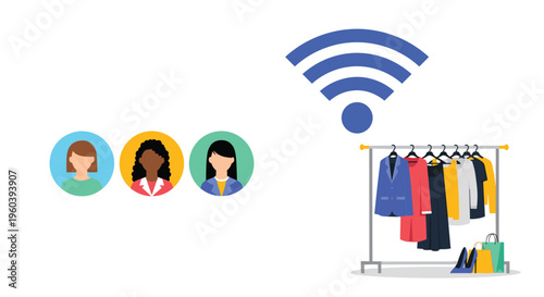 Digital fashion concept featuring female avatars, wireless connectivity, and various stylish clothes hanging on a rack for online shopping.