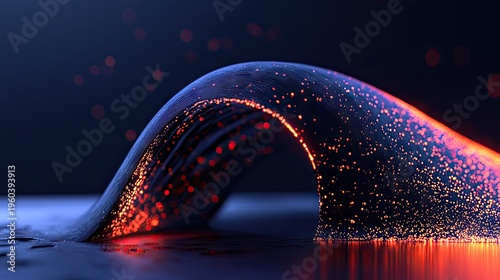 Illuminated strand of data transmission material curves upward in a dark environment