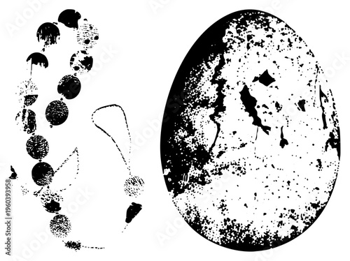 Textured bead necklace with distressed ink droplets and speckled oval egg, vector art, artistic glitch effect, graphic design element.