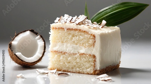 Square slice of layered white cake topped with coconut flakes rests beside a halved fresh fruit