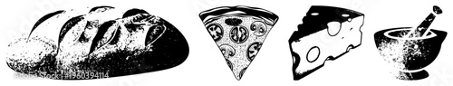 Artistic halftone render of Italian staples crusty bread, pepperoni pizza, cheese, and mortar isolated vector for culinary design, featuring bold and textured shading.