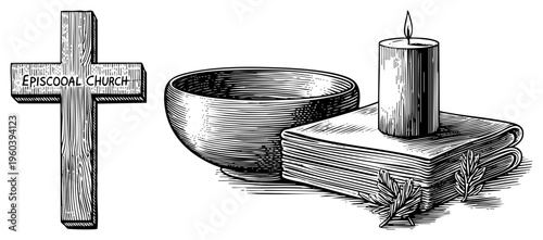 Wooden labeled "Episcopal Church" beside communion bowl, candle, and open book, sacred elements, liturgical objects, faith symbols, worship items.