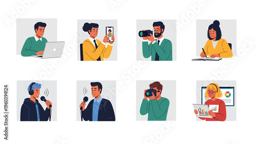 Diverse Professionals Avatars Set: Digital Media, Communication & Tech Roles. People working with laptops, cameras, mics, and smartphones.