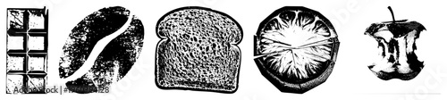 Vector food illustrations with halftone textures, isolated food items, bakery and snack graphics, stylized edible, black and white food art.