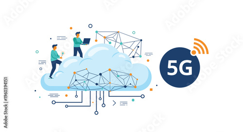 Futuristic 5G technology illustration with people interacting with high speed data clouds and global network communication nodes.