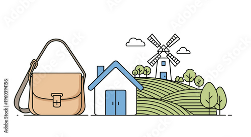 Minimalist flat line illustration of a stylish tan messenger bag, a simple blue house, and a windmill on green rolling hills.