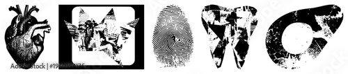 Heart, fingerprint, tooth, liver as high contrast vector with fragmented, distressed textures. Medical/anatomical symbols, stylized organs, graphic design.