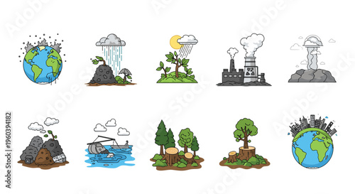 Diverse set of environmental icons depicting global warming, pollution, renewable energy, and nature conservation for ecological awareness.