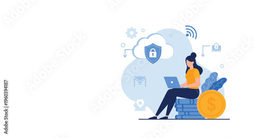 Modern woman using her laptop computer for secure online banking transactions, featuring digital cloud protection and financial symbols.