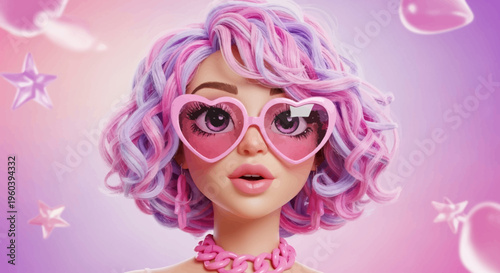 Cute Anime Girl with Pink and Purple Hair, Heart Sunglasses, and Pink Necklace
