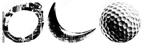 Vector graphic of abstract shapes broken ring, moon, golf ball, halftone texture, isolated foreground, design, graphic art element.