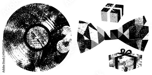 Black and white halftone vector illustration of vinyl record and gift boxes, stylized geometric shapes, retro graphic design, isolated elements for branding or packaging.