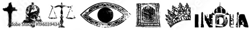 Religious and cultural symbols rendered in vector art, bell, scales of justice, all seeing eye, Quran, crown, India text. Flat graphic for design or use.