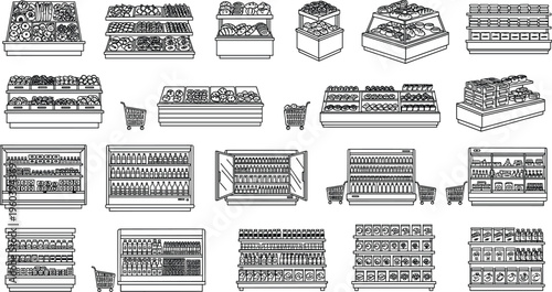 upermarket grocery store shelves and display cases vector set with food products refrigerators shopping carts and retail equipment
