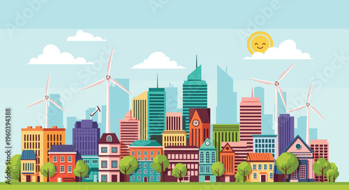 Sustainable eco friendly city skyline featuring colorful buildings and large wind turbines for renewable energy production under a bright sun.