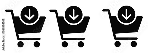 Add to cart icon set, shopping cart with plus symbol, e-commerce purchase action, online store UI element, and retail shopping concept vector