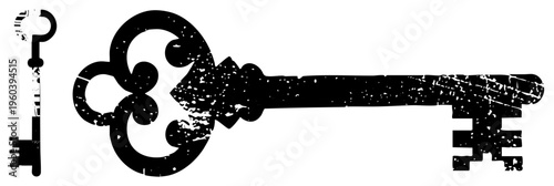 Antique style skeleton key featuring intricate scrollwork, weathered surface, vintage lock mechanism, black silhouette, classic door opener, historical artifact.