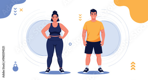 Fit athletic man and woman standing together in comfortable workout clothing, representing a healthy active lifestyle and gym fitness.