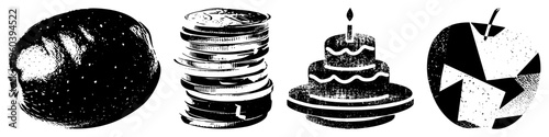 Halftone vector of, coin stack, birthday cake, geometric,, stylized, graphic design elements.