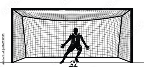 Soccer goalkeeper silhouette standing in front of goal net with ball ready to defend sports football vector illustration design