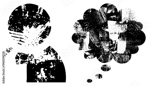 Stylized black and white halftone figure with thought bubble, graphic design element, vector art, abstract human silhouette, conceptual illustration.