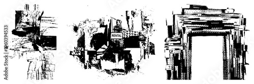 Stylized city structures rendered in halftone, featuring a "RENTAL" sign, geometric buildings, urban decay motifs, graphic cityscape, vector art.