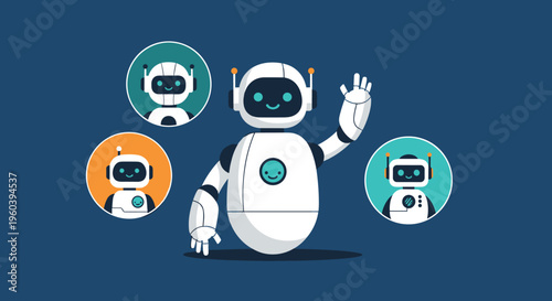Diverse set of friendly robot chatbots and AI assistant icons displayed on a dark blue background for modern tech customer service.